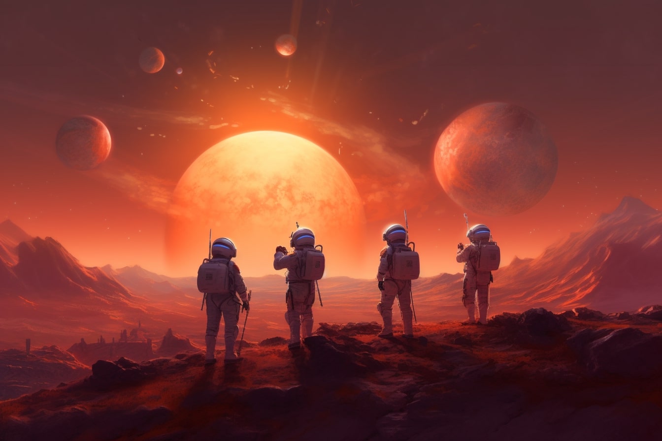 A group of Ainautes conducting experiments on a distant planet, with a red sun setting behind them.
